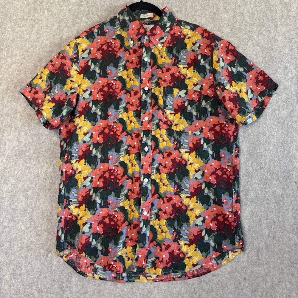 J Crew 100% Linen Button Up Shirt Mens S Classic Fit Short Sleeve Tropical